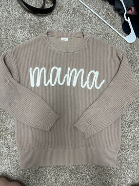 Mama Script Knit Crewneck Sweater in Beige